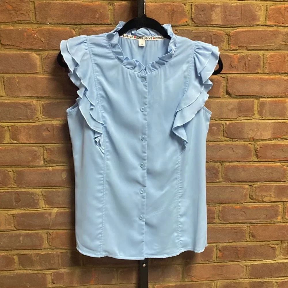 Blue Ruffle Sleeve & Ruffle Neck  Button Down Top Size Medium - Picture 2 of 4